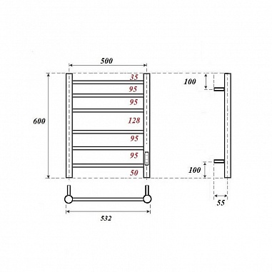 Полотенцесушитель электрический Point Аврора PN10856GR П6 500x600 диммер справа, графит премиум