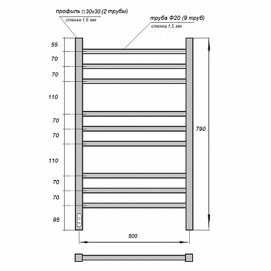 Полотенцесушитель электрический Point Веста PN70758B П9 500x800, диммер слева, черный